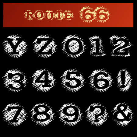 Hand draw grunge alphabet. Capital Letters from Y and Z. Numbers and marks. Isolated on black background.のイラスト素材