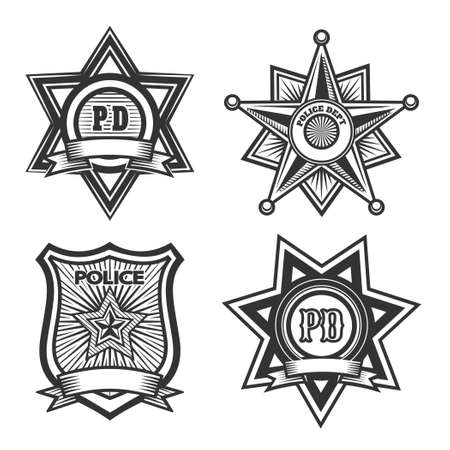 Police badges set. Monochrome isolated on white background. Only free font used.のイラスト素材
