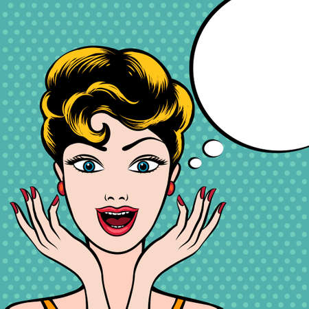 Surprized woman with empty speech bubble. Pop art illustration. No gradients used.のイラスト素材