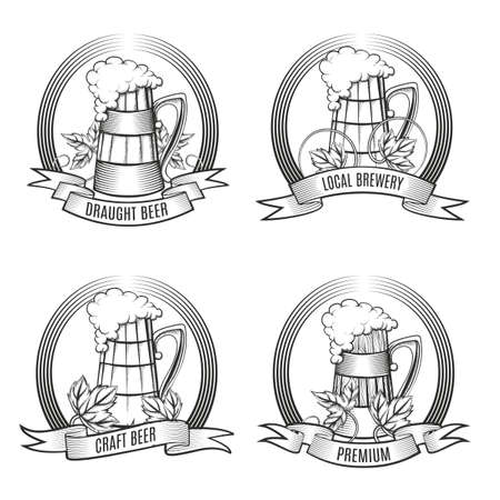 Set of Beer mugs and hop leaves emblem with ribbon. Engraving style. Free font Oswald used. isolated on white background.のイラスト素材