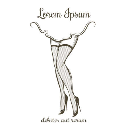 Woman legs instockings and high heels. Retro pin up style. Emblem erotic or underwear. Isolated on white background. Free font Niconne used.のイラスト素材