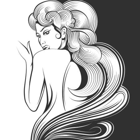 Beautiful woman looks back. Illustration in engraving style. Monochrome image.のイラスト素材