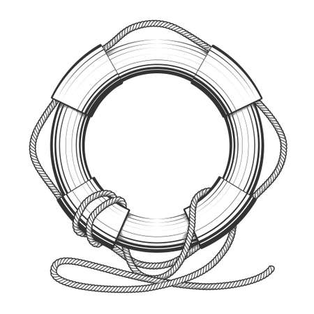 High detailed Lifebelt, lifebuoy drawn in engraving style. Isolated on white background.のイラスト素材