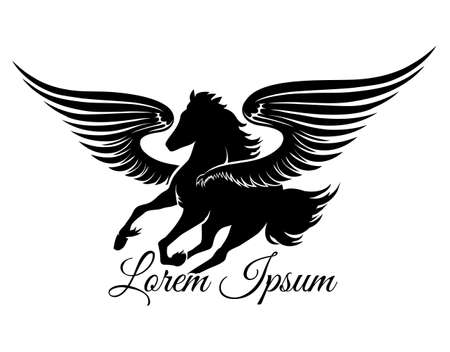 Winged stallion logo or emblem. Isolated on white background. Free font Great Vibes used.のイラスト素材