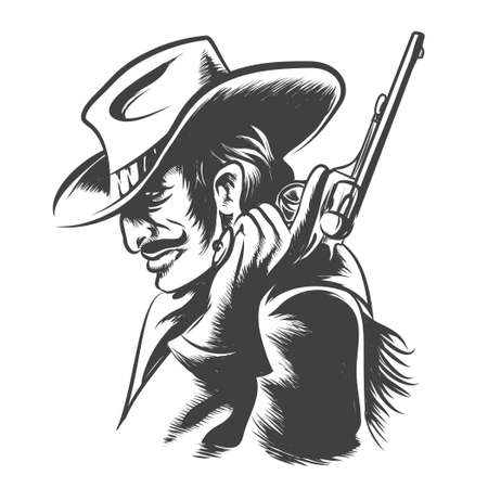 Man in cowboy clothes with revolver in his hand. Engraving Style. Monochrome on white background.のイラスト素材