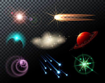 Glowing lights, stars, sparkles and comets on transparent background.のイラスト素材