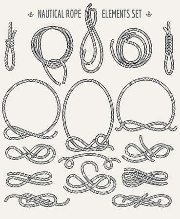 Set of Nautical Rope Design elements. Retro style. Knots and Loops. Only free font Economica used. Isolated on light background.のイラスト素材