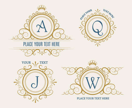 Luxury Retro Logo set. Flourishes elegant ornament elements. For Business or Personal identity. Isolated on light background. Only free font used.のイラスト素材