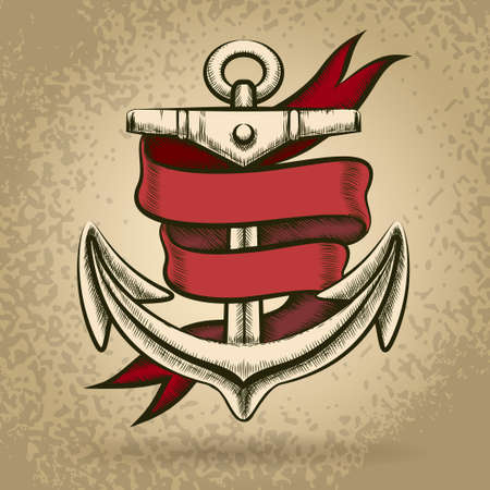 Hand drawn anchor with red ribbon. Engraving style.のイラスト素材
