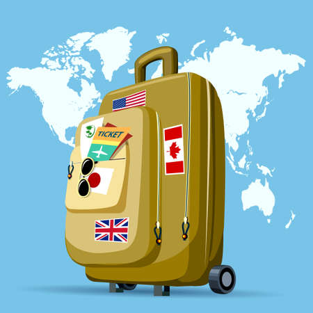 Travel bag and world map.Badges of countries and tickets in apockets.Travel Concept.のイラスト素材
