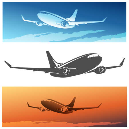 Flying Airplane set. Isolated silhouette and airplanes against morning or sunset sky.のイラスト素材