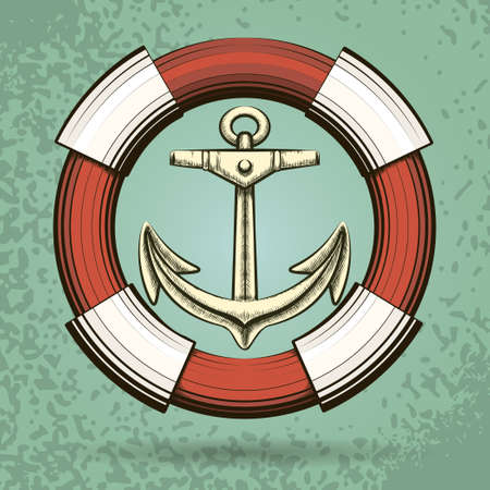 Anchor and Lifebuoy in retro style. Colorful illustration.のイラスト素材