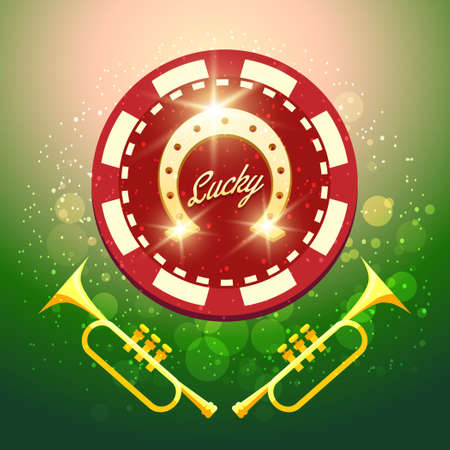 Horseshoe Casino chip with lettering Lucky and two trumpets against festive background.のイラスト素材