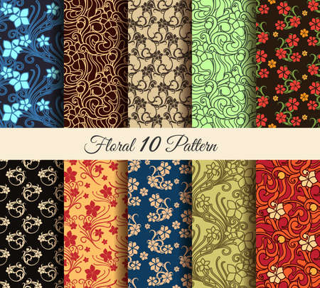Floral vector seamless patterns set. 10 colorful flower effortless wall papers. No gradients used.のイラスト素材