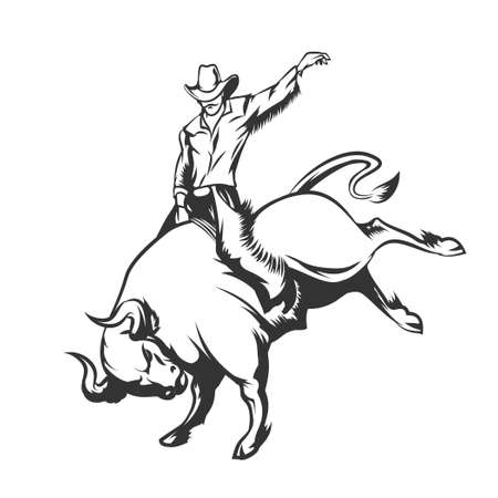 Rodeo cowboy riding a wild bull. Monochrome isolated on white.のイラスト素材