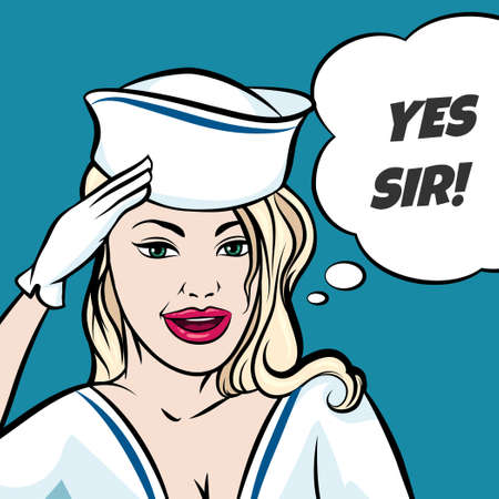 Woman in seaman clothes performs a military hand salute with lettering Yes Sir. Illustration in pop art style.のイラスト素材