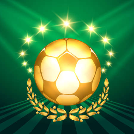 A golden soccer ball with laurel wreath against shining stars and green background. Symbol of victory in soccer competitions.のイラスト素材