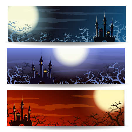 Set of three banners or headers with Halloween landscape. Holiday backgrounds with place for your text.のイラスト素材