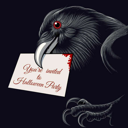 The raven with invitation card to Halloween Party in a beak. Free font used.のイラスト素材