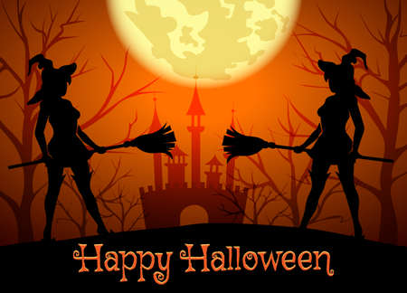 Halloween background with silhouettes of witches and lettering Happy Halloween.のイラスト素材