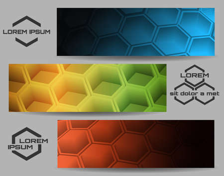 Abstract Design Hexagonal Shapes Banner or header set. Three color variations and separated  logo samples. Isolated on grey. Free font used.のイラスト素材