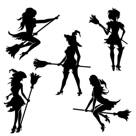 Set of Halloween witches with broom. Black silhouettes on white background.のイラスト素材