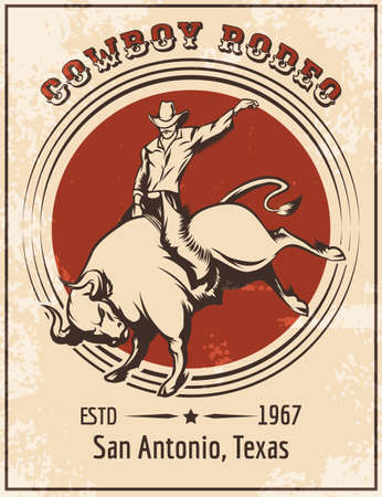 Cowboy riding bull. Retro style rodeo poster. Only free font used.のイラスト素材