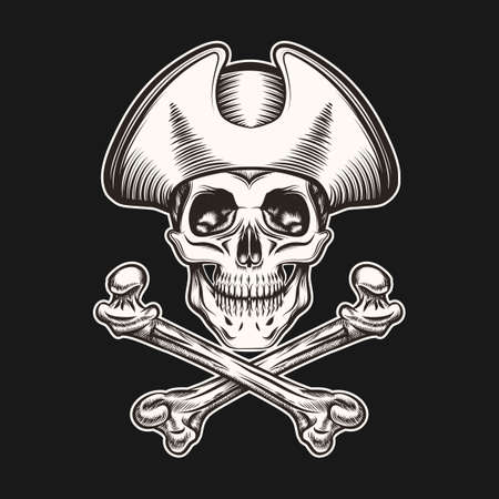 Skull in pirate hat and crossbones.Illustration in Tattoo style. Isolated on Black.のイラスト素材