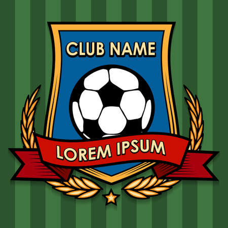 Modern soccer or football shield emblem with olive branches and ribbon. Colorful illustration. Free font used.のイラスト素材
