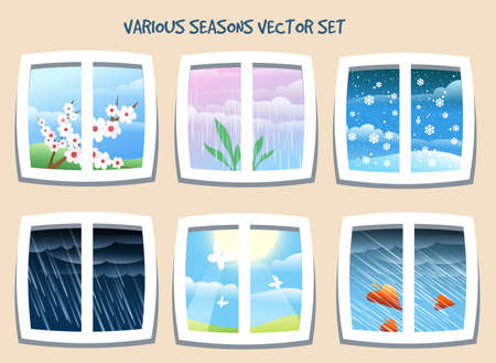 Various weather or season set drawn in cartoon style.View from window.のイラスト素材