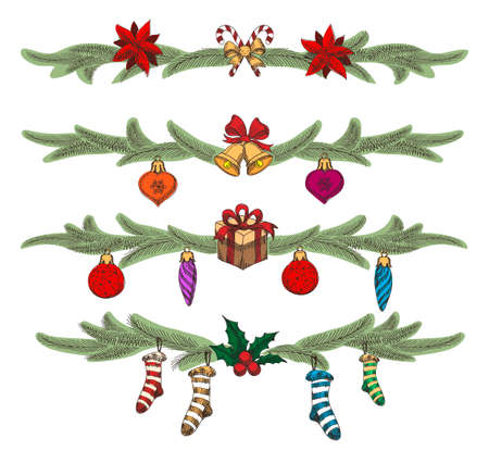 Set of Colorful hand drawn Christmas borders or dividers set. Christmas symbols and pine tree branches.のイラスト素材