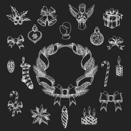 Set of hand drawn Chalkboard Christmas decoration element set. Monochrome Christmas symbols isolated on white.のイラスト素材