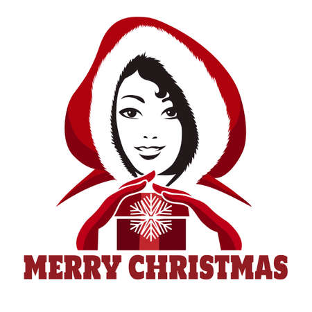 Santa Helper Girl with present. Invitation card in retro styleのイラスト素材