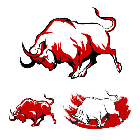 Fighting Bull Emblem set. Running Angry Bull in three variations. Isolated on white background.のイラスト素材
