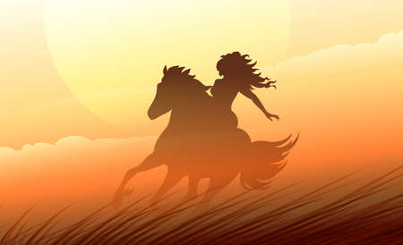 Woman riding a horse on the prairie. Colorful illustration.のイラスト素材