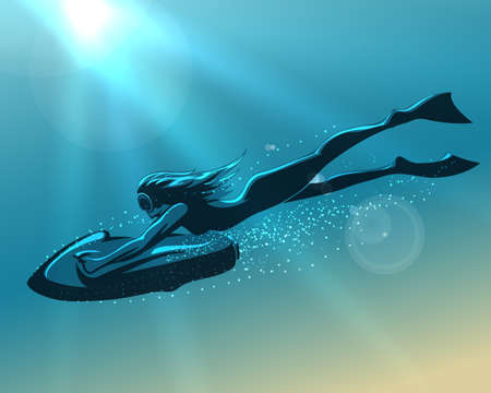 Young girl in flippers and mask driving underwater scooter.のイラスト素材