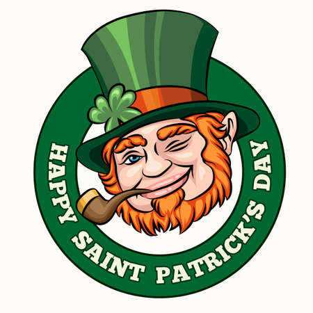 Leprechaun with smoking pipe Saint Patrics Day badge or emblem. Free font used. Isolated on whiteのイラスト素材
