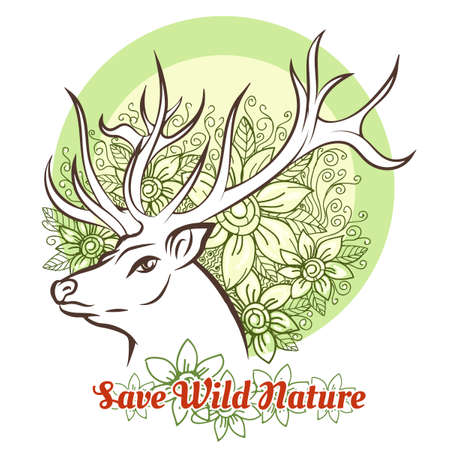 Deer head with flowers and wording Save Wilde Nature. Free font used. Ecology emblem or sticker.のイラスト素材