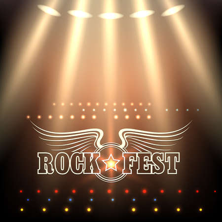 Rock Festival Poster Template. Stage in spotlights and wording Rock Fest decorated by wings and star. Free font used.のイラスト素材