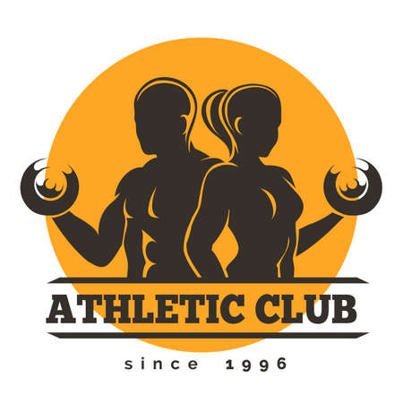 Sport, Gym or Athletic Club Emblem. Woman and Man holds dumbbells. Free font used. Isolated on white.のイラスト素材