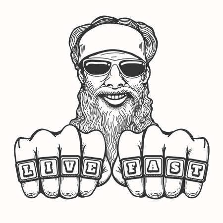 Bearded smiling biker in glasses and bandana holds his fists with club rings Live Fast. Illustration in cartoon style.