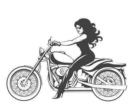 Beautiful girl on a motorcycle draw in retro style isolated on white background.のイラスト素材