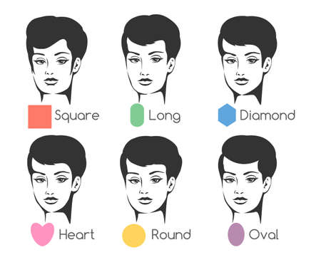 Set of six woman's face shapes. Isolated on white. Free font used.のイラスト素材