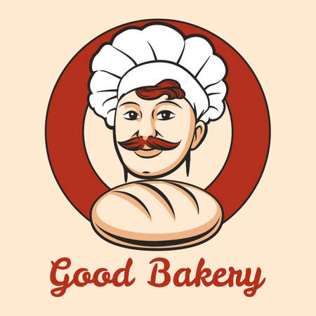 Bakery Emblem with cook and loaf of bread inside circle drawn in retro style. Free font used.のイラスト素材