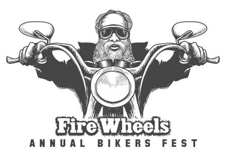 Biker riding a motorcycle drawn in hand made style. Bikers event or festival emblem. Free font used.のイラスト素材