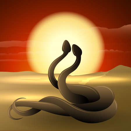 Two snakes dancing on a sand dune against desert sunset landscape.