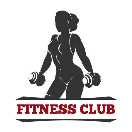 Fitness club or gym emblem or poster design template. Silhouette of athletic woman with dumbbells. Free font used.のイラスト素材