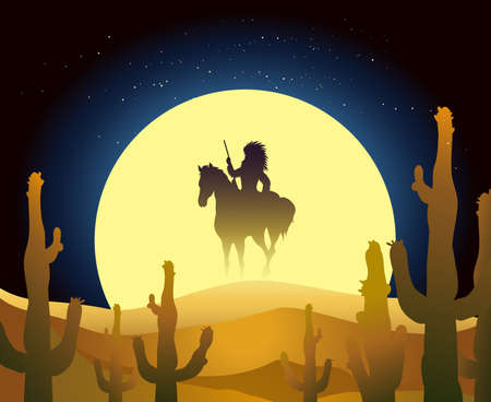 Native American ride a horse against full moon in the desert.のイラスト素材