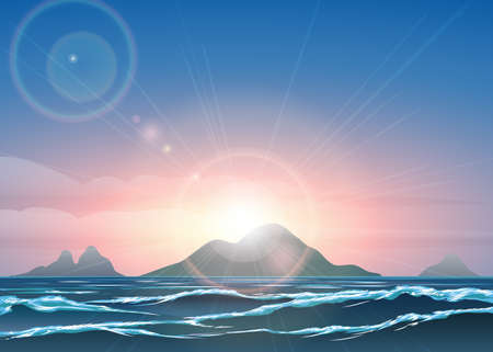 Horizontal background with sunrise over the ocean and tropical islands.のイラスト素材