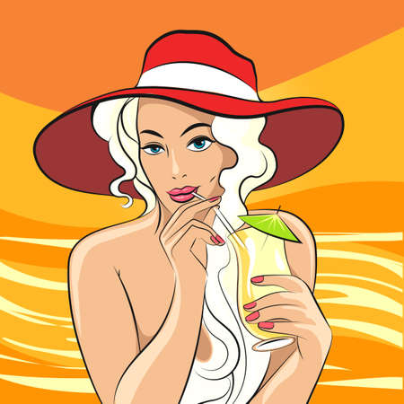 blondie girl in beach hat drinks cocktail. Illustration in retro style.のイラスト素材
